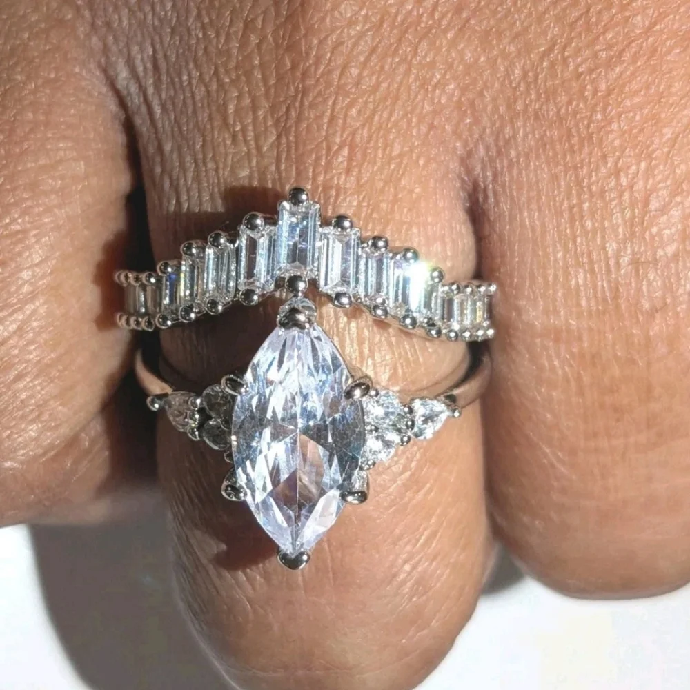 Luxury 925 Silver 4ct Simulated Marquise Diamond Wedding Ring Set For Women Sz 8